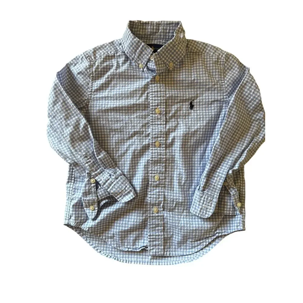 Ralph Lauren Blue White Gingham Navy Pony Logo Toddler Size 5 Button Up Shirt